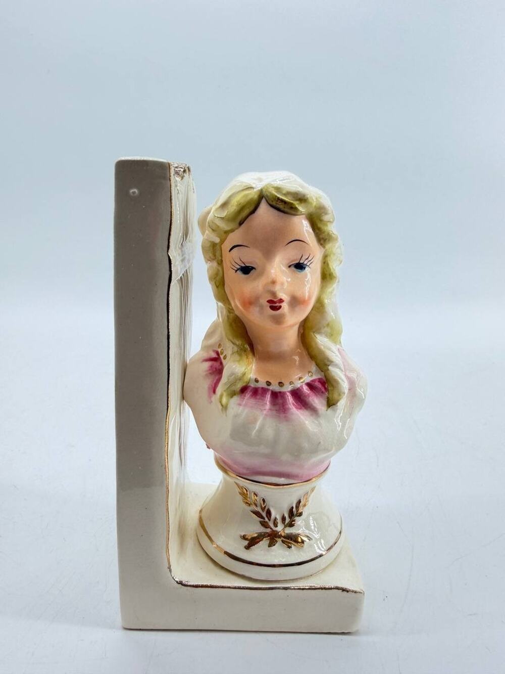 Vintage Wales Japan Ceramic Lady Bust Bookend Figurine Gold Trim